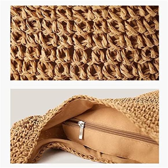 Hand-woven Large Straw Handle Tote Retro Summer Beach Bag Rattan Handbag (Khaki)